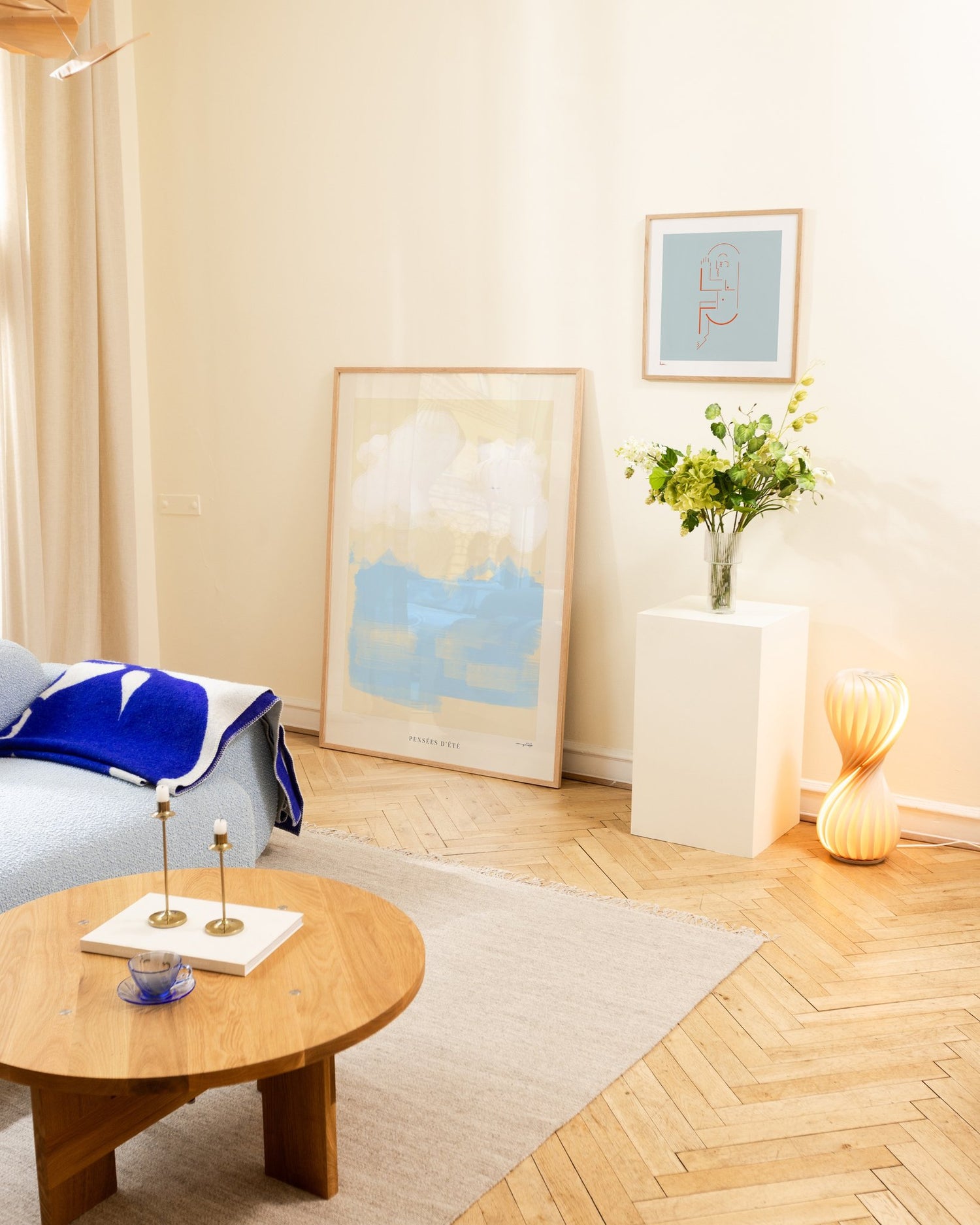 Blue art posters in the living room