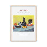 Still life with coffee pot, dishes and fruit